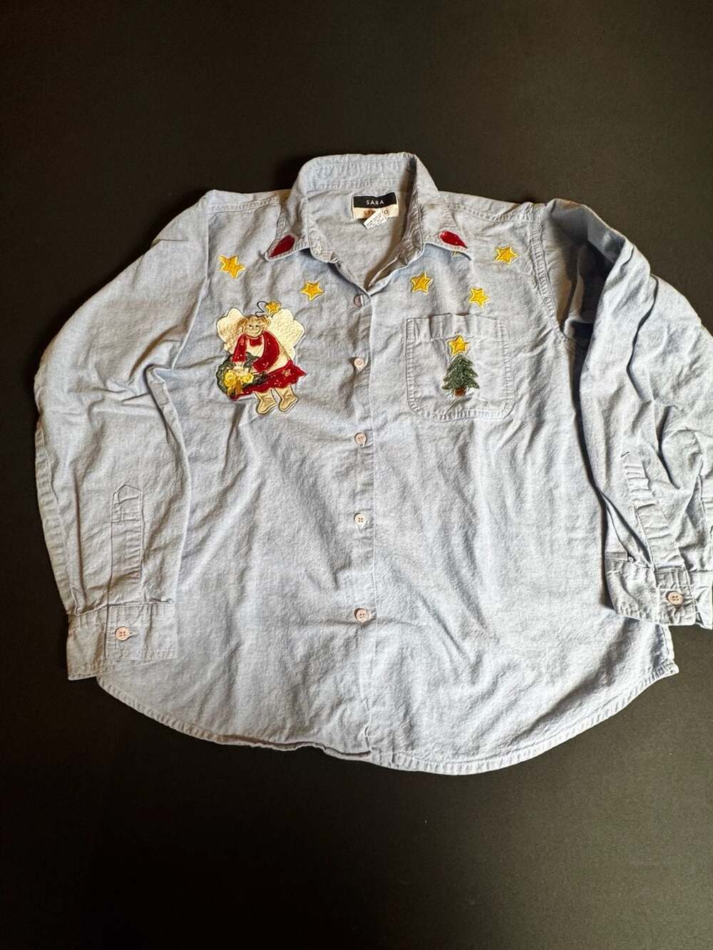 Vintage SARA STUDIO Christmas Angel and Tree Embroidered Chambray Shirt
